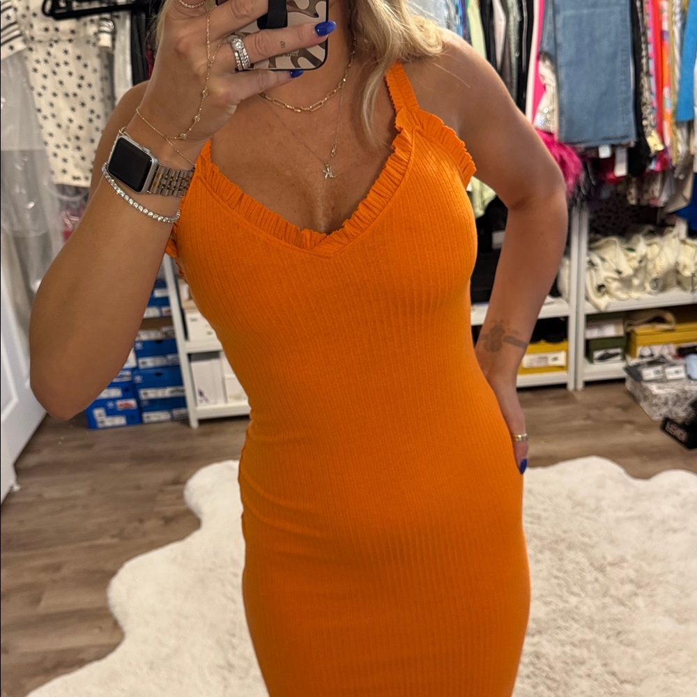 Zara Bright Orange Ribbed Textured Ruffle Dress - Picture 9 of 11